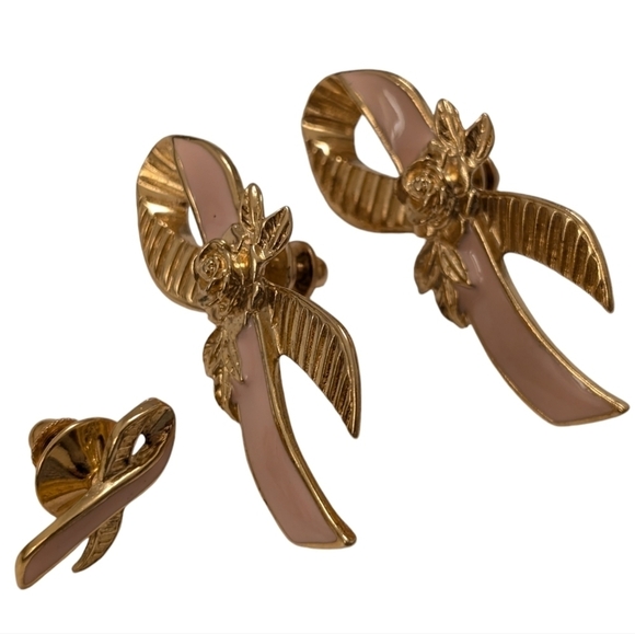 SURVIVOR Breast Cancer Pink Gold Ribbon Rose Pins 3PC Set - Picture 4 of 5